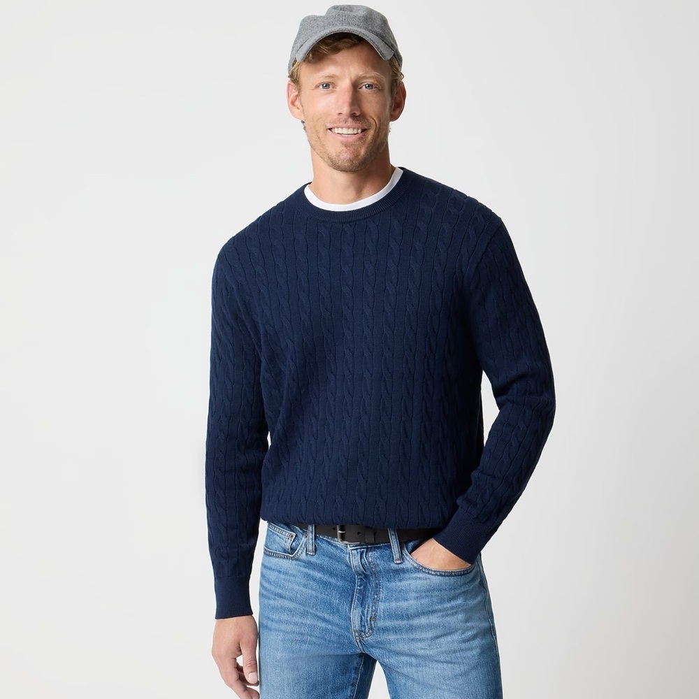 NEW J.Crew‎ Cotton cable crewneck sweater Navy Blue Men’s Size M NWOT Preppy